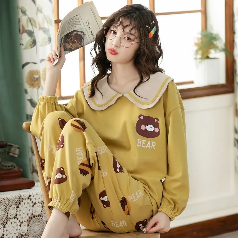 2024 New Cotton Pajamas Women's Spring Autumn Long Sleeves Pants Sleepwear Student Dormitory Homewear Pullover Loose Loungewear