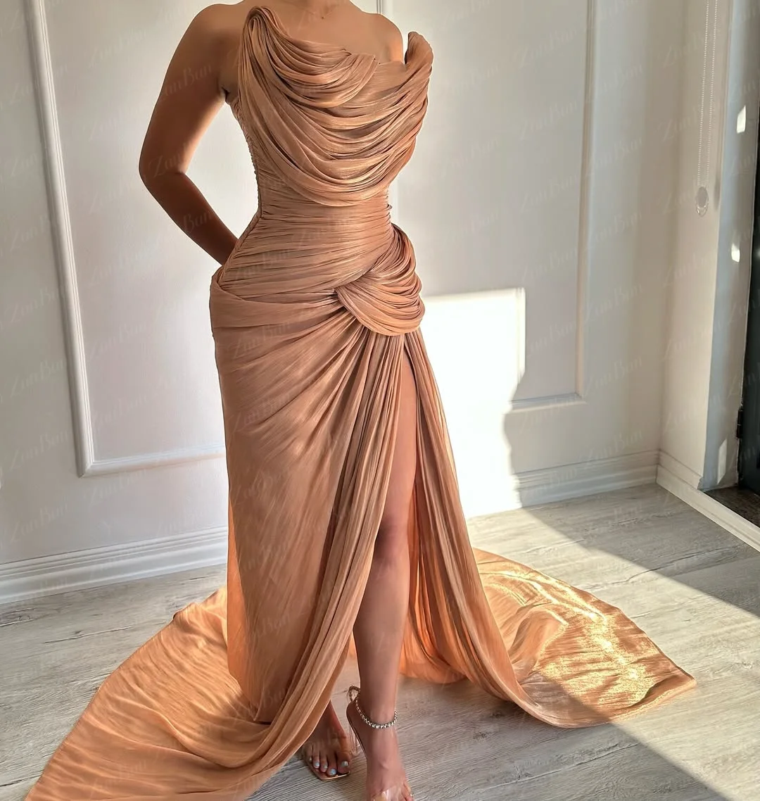 arabian formal dress ZanBan New Design Simple Tulle Pleated Evening 2025 Strapless High Slit Elegant Arabic Party Prom Gown Customized color_Green Flower