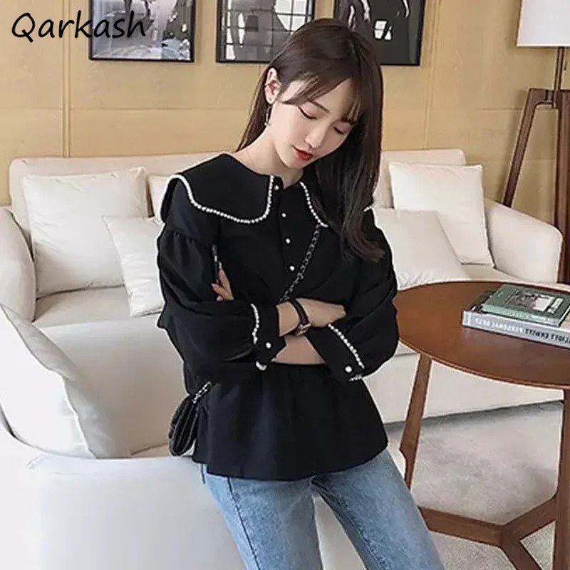 

Blouses Women S-3XL Fashion Chic Casual Vintage Ins Autumn Clothes Three-Quarter Female Korean Simple Tunic Preppy All-match Ins