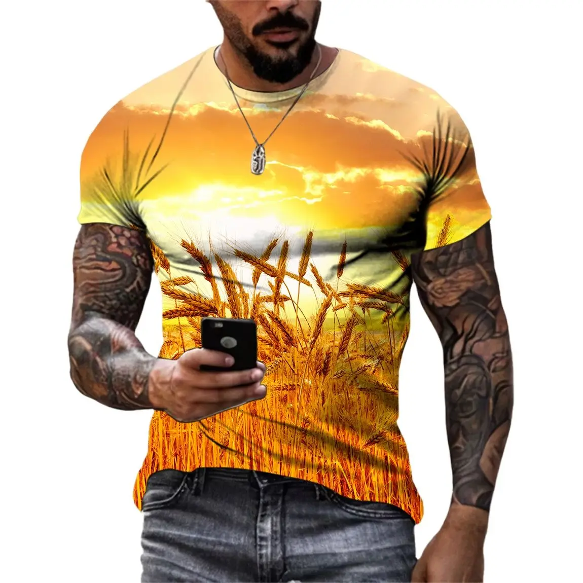 Summer Casual Bumper Harvest Hip Hop Wheat Field Men\'s and Women\'s T-Shirts Print Harajuku Round Neck Tees Short Sleeve Tops