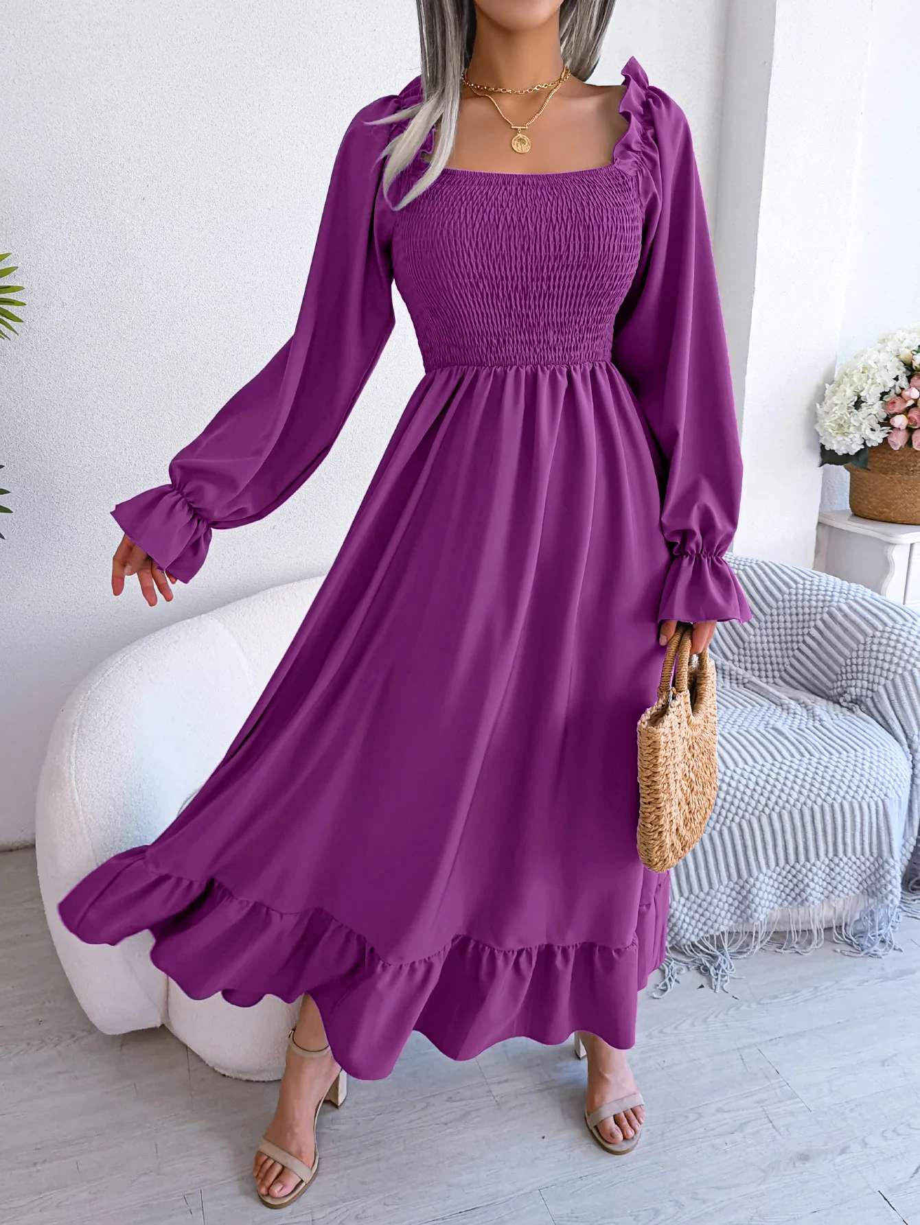 Solid Square Neck Smocked Flared Midi Formal Dress Long Sleeve