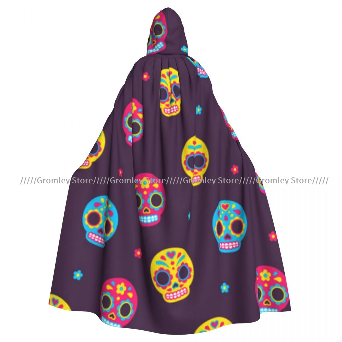 Medieval Halloween Cosplay Cloak Hooded Coat Mexican Day Of The Dead Sugar Skulls Cape Coat Long Trench Costume Wizard Cloak