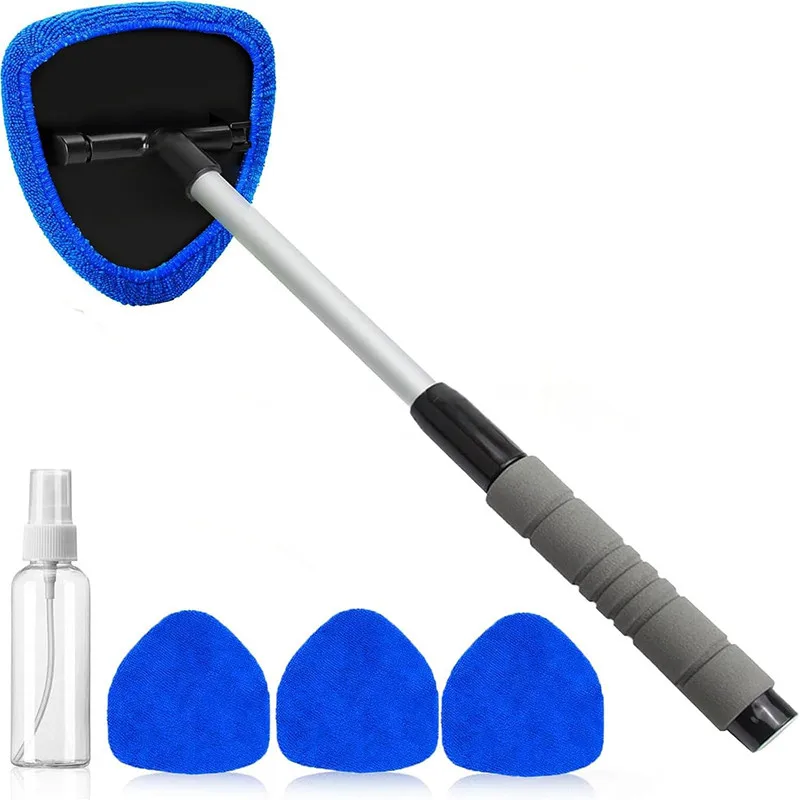 Microfiber Car Windshield Cleaning Tool Set, Extendable Handle Cloth Head, Interior and Exterior Glass Wiper