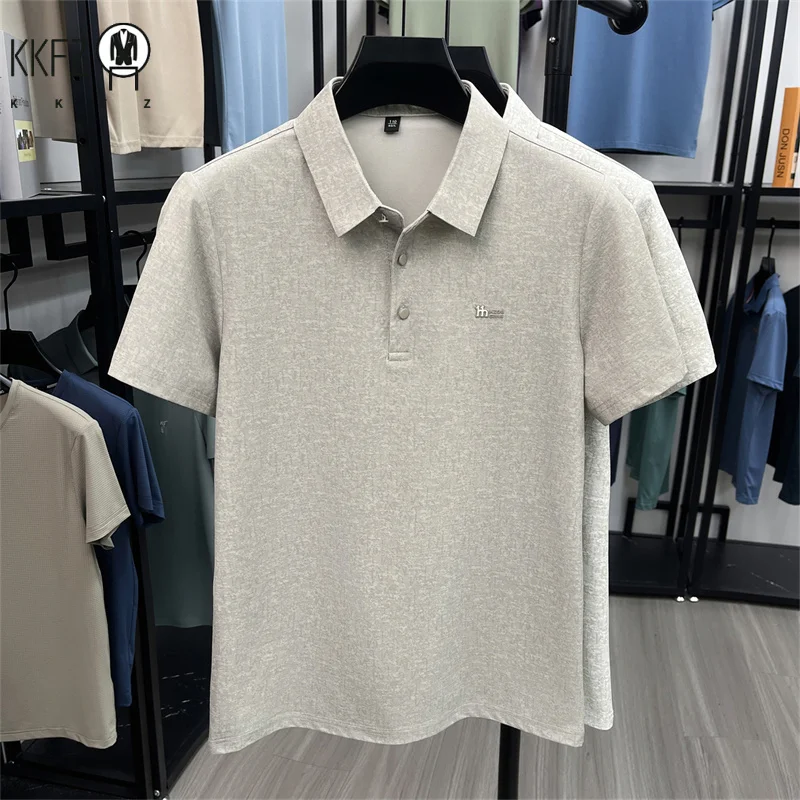Soft touch faint letter print polo tee male two button lapel stretch breathable anti sweat driving walking everyday apparel