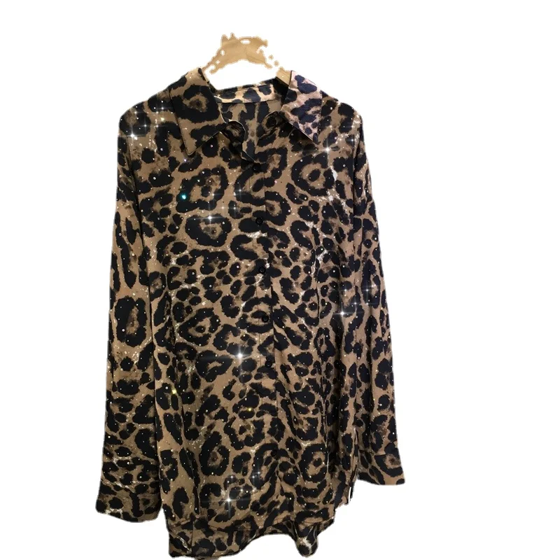 Camisa de manga larga con estampado de leopardo para mujer, cárdigan adelgazante de longitud media, suelto y versátil, primavera y verano, 2024