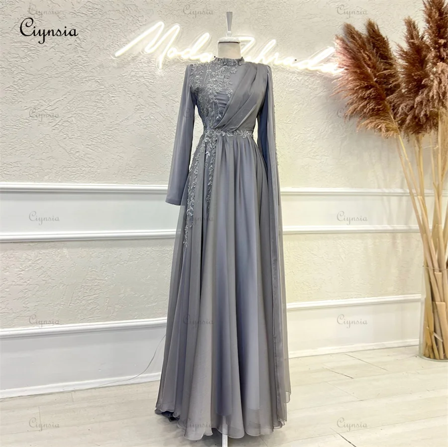 Ciynsia Gray Chiffon A-line Long Sleeve Evening Dresses Appliques Beads Lace High Neck Robes De Soirée Women Formal Party Gowns