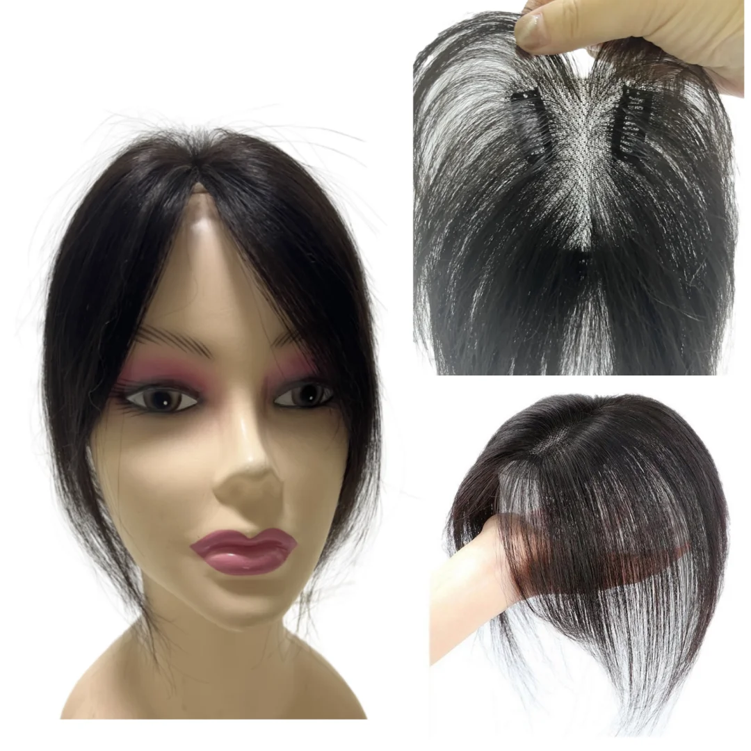 100% شعر بشري مصنوع يدويًا للنساء مع غرة بدون حدود طبقة واحدة غير مرئية من الدانتيل مشابك شعر في هامش