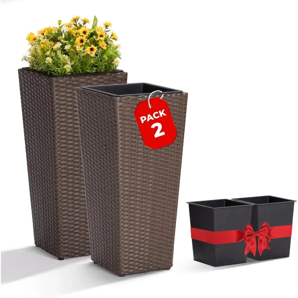 

All Weather Wicker Planters for Outdoor Plants Set of 2, 24 inch Tall Planter for Front Porch, Patio, Balcony