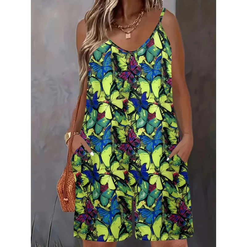 

New Plus Size Butterfly Print Pocket Strap Bohemian Style One-Piece Shorts
