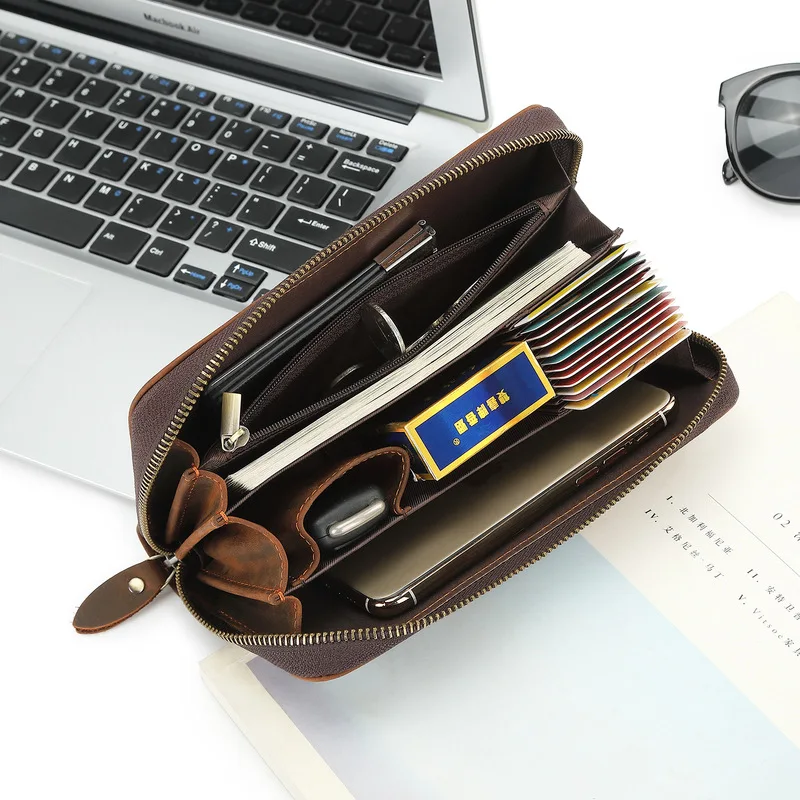 Frenzy Leather Handheld Wallet Genuine Cowhide Clutch Bag Retro Simple Men's Long Style Multi-Compartment Bag
