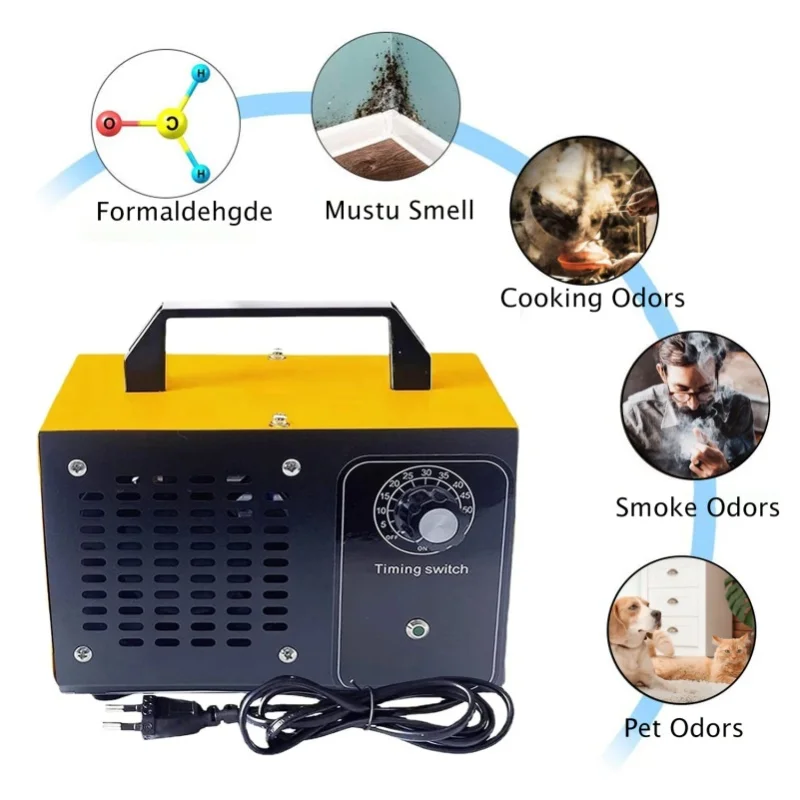 Generator ozonu 60g/h, oczyszczacz powietrza 220V 120W, dezodoryzator ze stali nierdzewnej do domu, piwnicy, samochodu, kuchni, usuwający dym i nieprzyjemne zapachy, z funkcją programowania czasowego. — 2