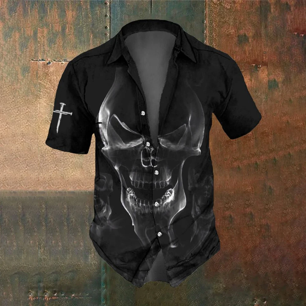 Summer Fashion Skull Cross Pattern Horror Men\'s Short Sleeved Printed Shirt Street Trend Party Men\'s Oversized Top SIZE S-5XL