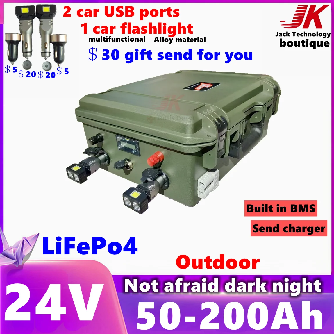 

JK 24V LiFePo4 Battery 50Ah 80Ah 100AH 120Ah 150Ah 180Ah 200Ah Lithium for Trolling Motor Solar Panel Outdoor Camping,RVinverter