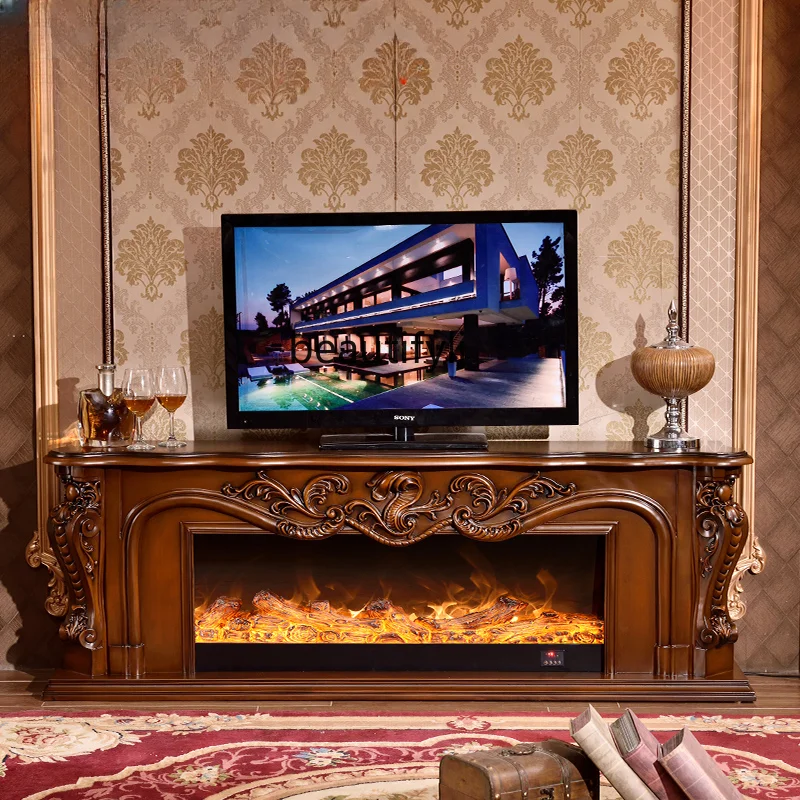 Solid Wood American and European Style Luxury TV Cabinet Electric Fireplace Decorative Cabinet 1.8/2 M storage cabinet