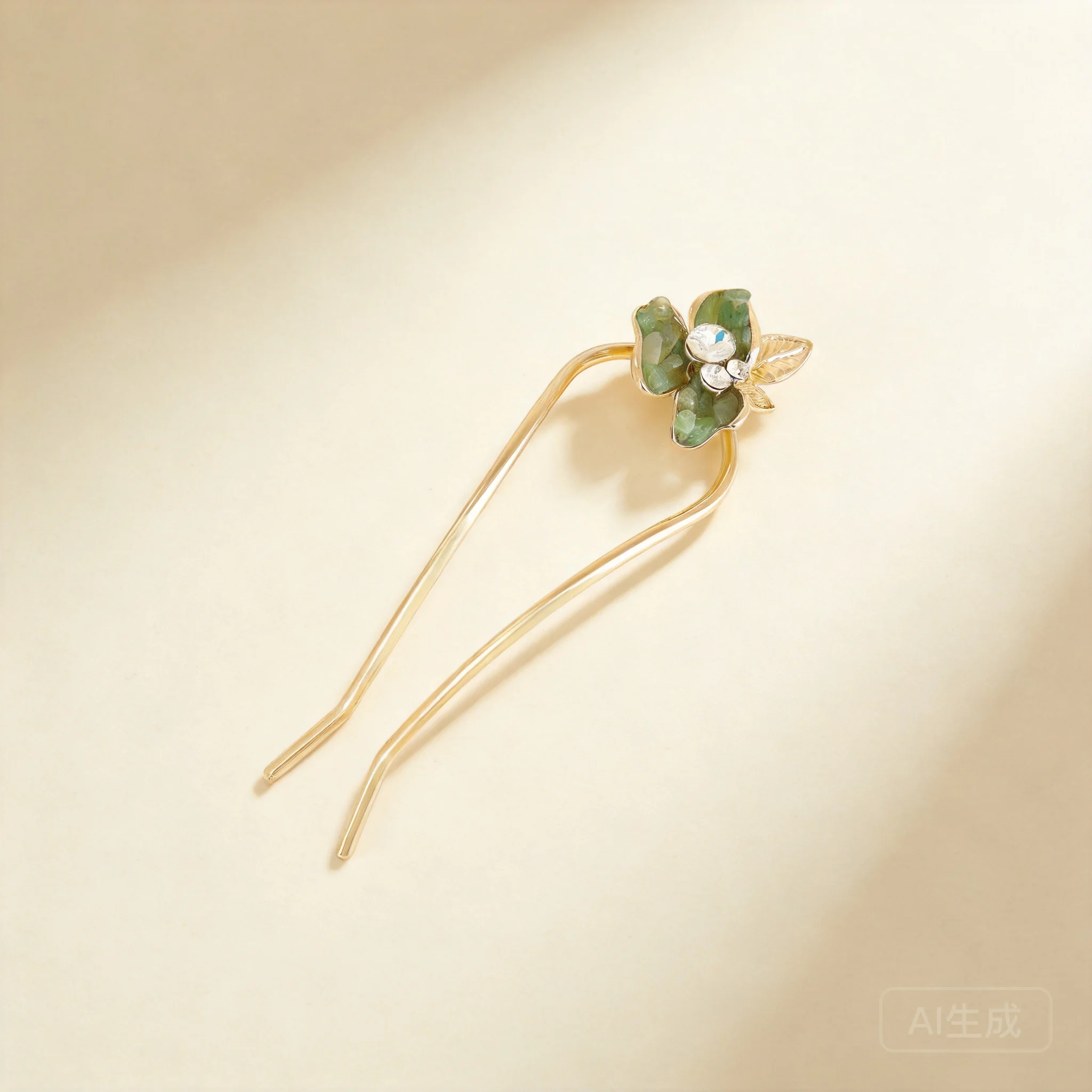

Chinese Style Lucky Natural Green Stone Flower U Shaped Hair Pin Alloy Gold Leaf Rhinestone Vintage Hair Stick For Hanfu Updo