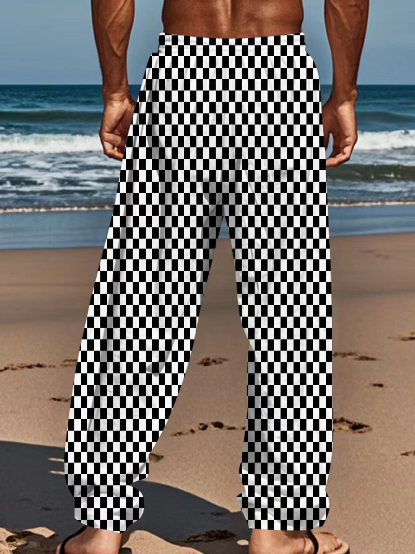 26 Men's Summer Hot Selling Black and White Checkered Printed Casual Outdoor Sports Fashion Street Hawaiian Vacation Style Pants