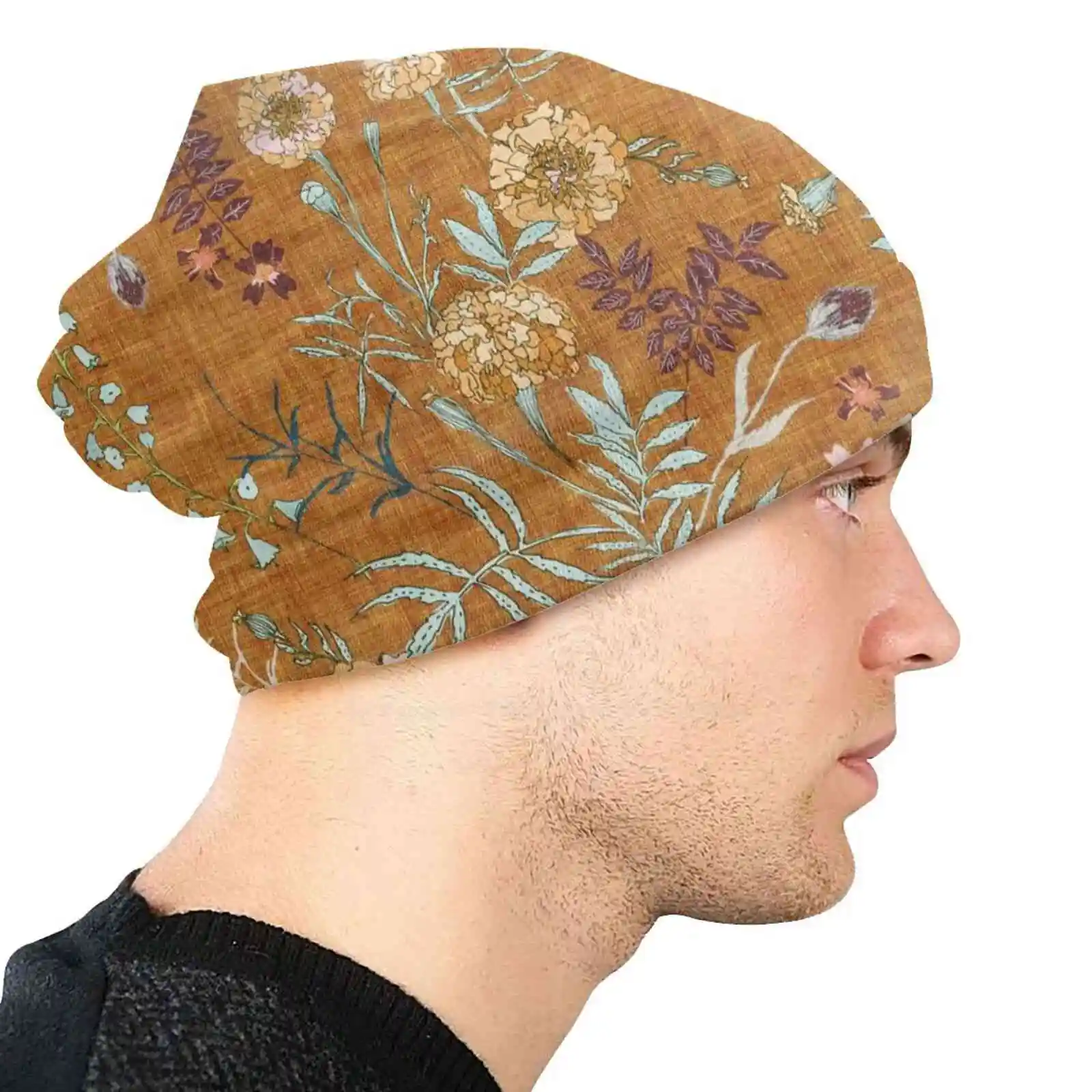 Marigold Love ( Mustard ) Knitted Hat Warm Beanie Outdoor Caps Floral Flowers Romantic Marigold Midcentury Seventies Orange image 3