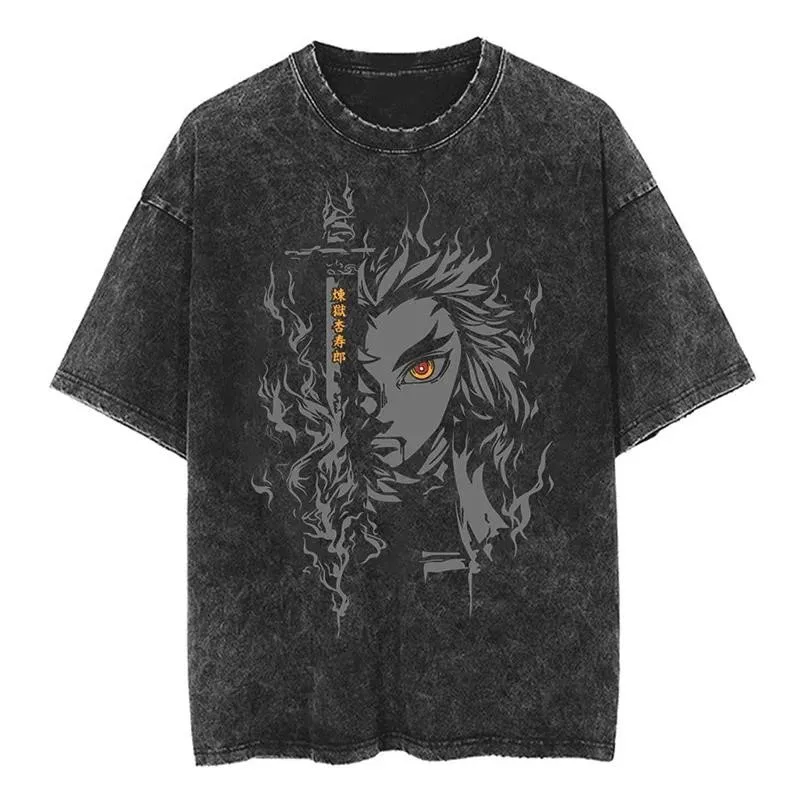 Anime Demon Slayer Rengoku Kyoujurou Printed T Shirt Men Women Manga Tshirts Vintage Washed T-Shirt Harajuku Manga Cotton Tops