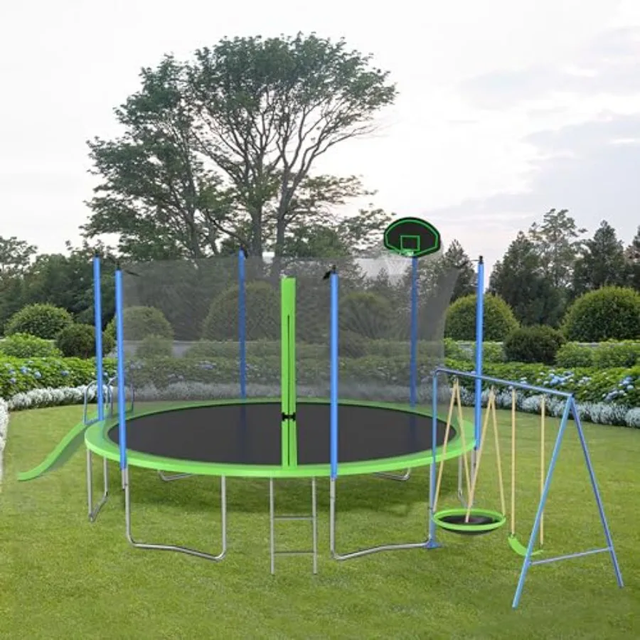 Outdoor recreational trampoline for kids and teens: 12FT green steel frame with safety enclosure net slide swings basketball ho