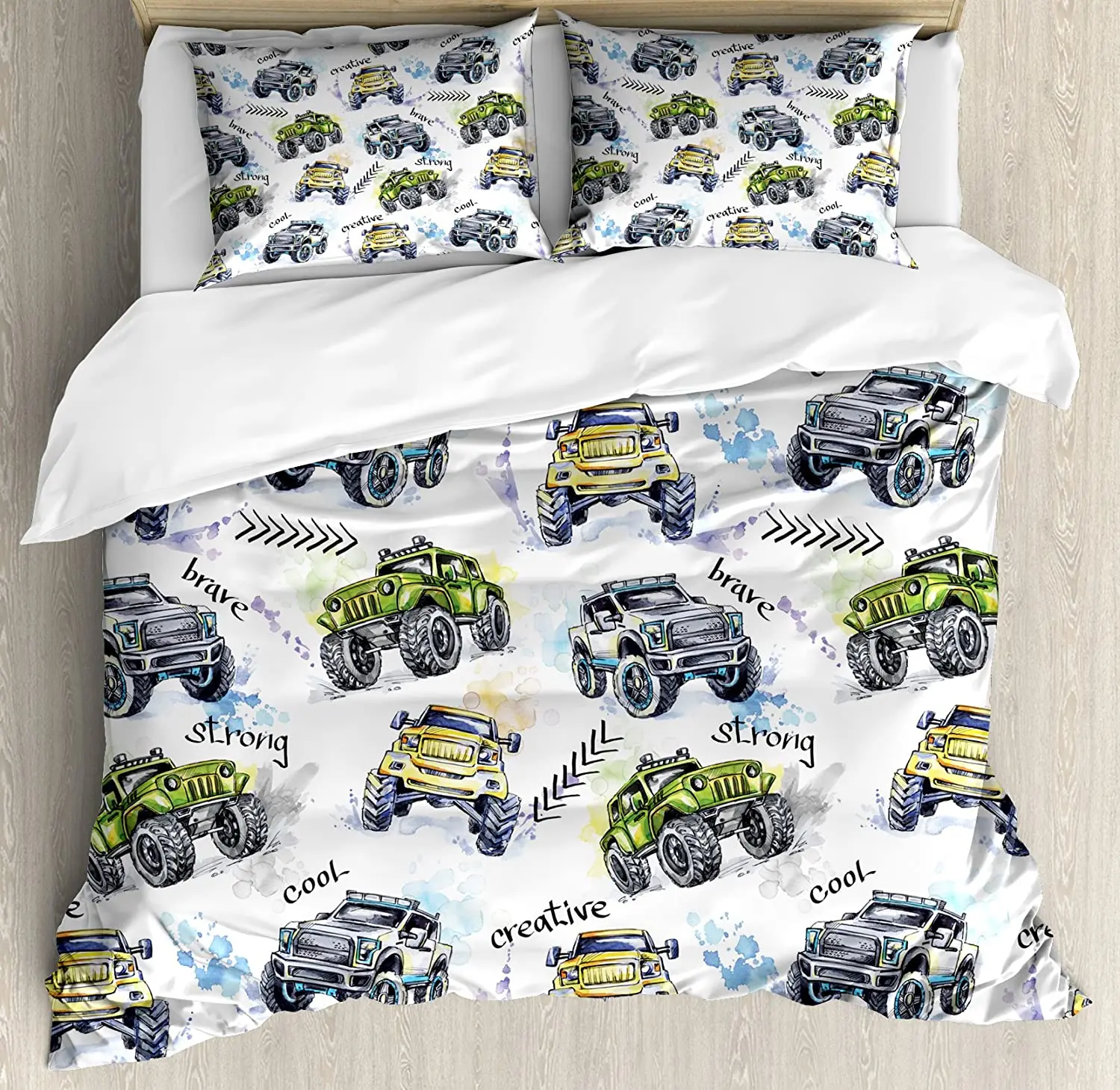 

Cars Bedding Set For Bedroom Bed Home Hand Drawn Watercolored Monster Trucks Enormous Whee Duvet Cover Quilt Cover Pillowcase