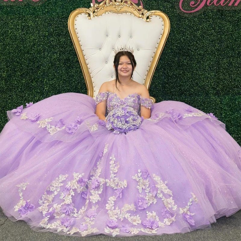 ANGELSBRIDEP Lavendel Quinceanera Kleider Tüll 3D Blumen Applizierte Perlen Vestidos De Fiesta Flauschige Süße 15-Kleider Maßgeschneidert