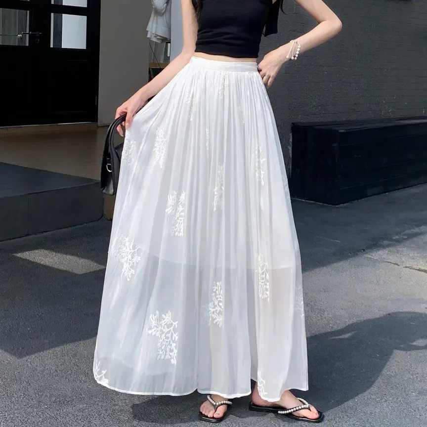 Long Embroidery Skirts For Women Spring Summer Mori Girl Style Lolita Elastic High Waisted A-Line Crochet Lace Mesh Skirt