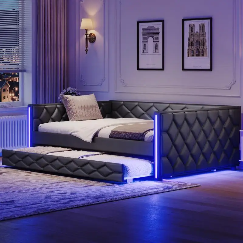 سرير نهاري منجد مقاس XL بالكامل مع إضاءة دولاب وإضاءة LED، أسود - سرير أنيق وعملي لأي مكان