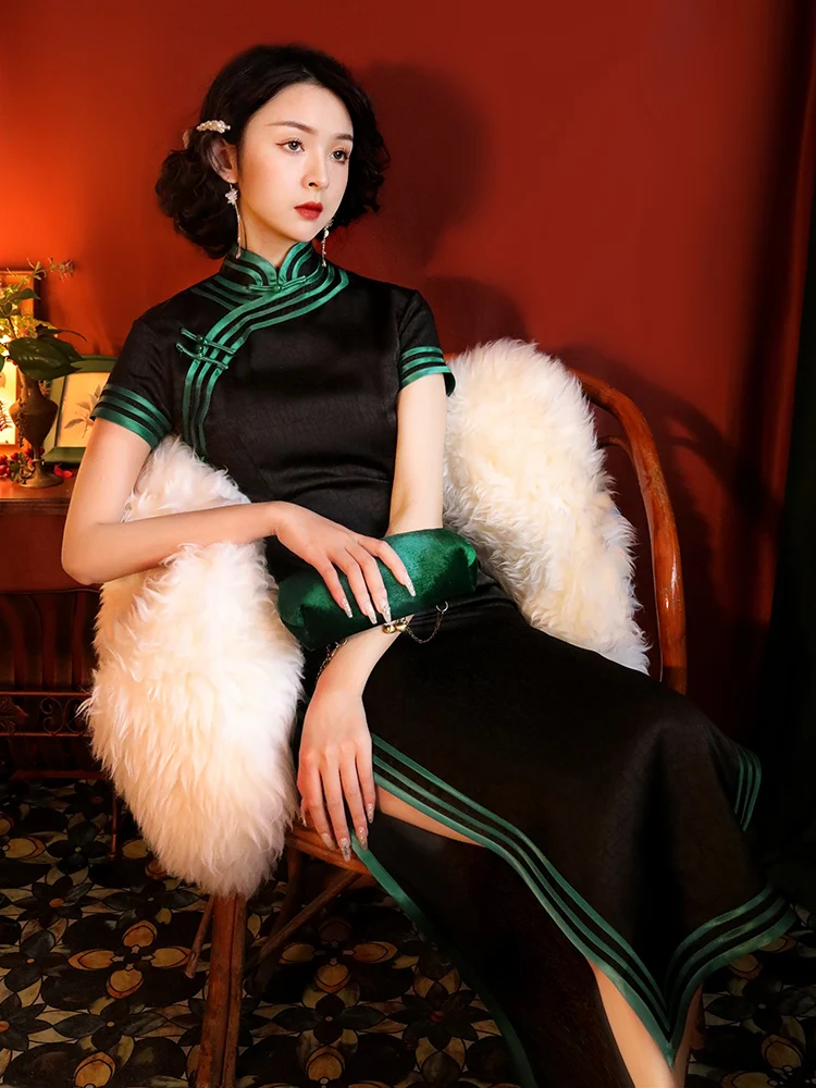 

Ele Bla Long Sle Retro Chinese Faion Daily Wear High Slit ort Sve Women's Traditional Costume