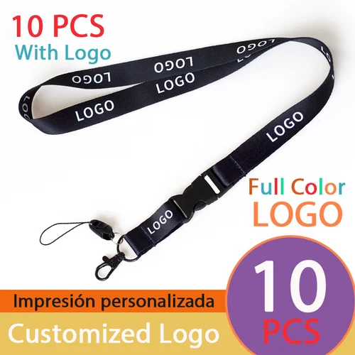 10 unids/lote cordón con logotipo personalizado gancho de Metal negro Material liso Separable de colores llavero de cuerda para el cuello impresión Personal patio terrestre