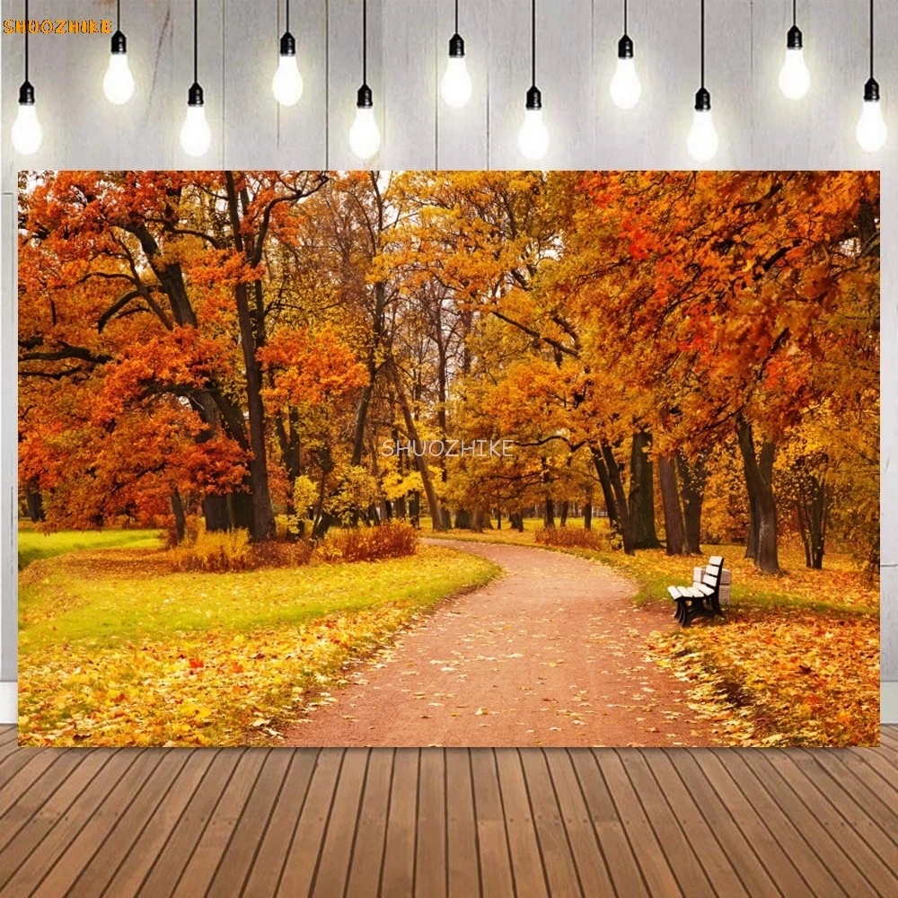 Fall Forest Photography Backdrop Autumn Yellow Fallen Maple Leaves Pathway Natural Scenery Adult Kid Portrait Photo Background