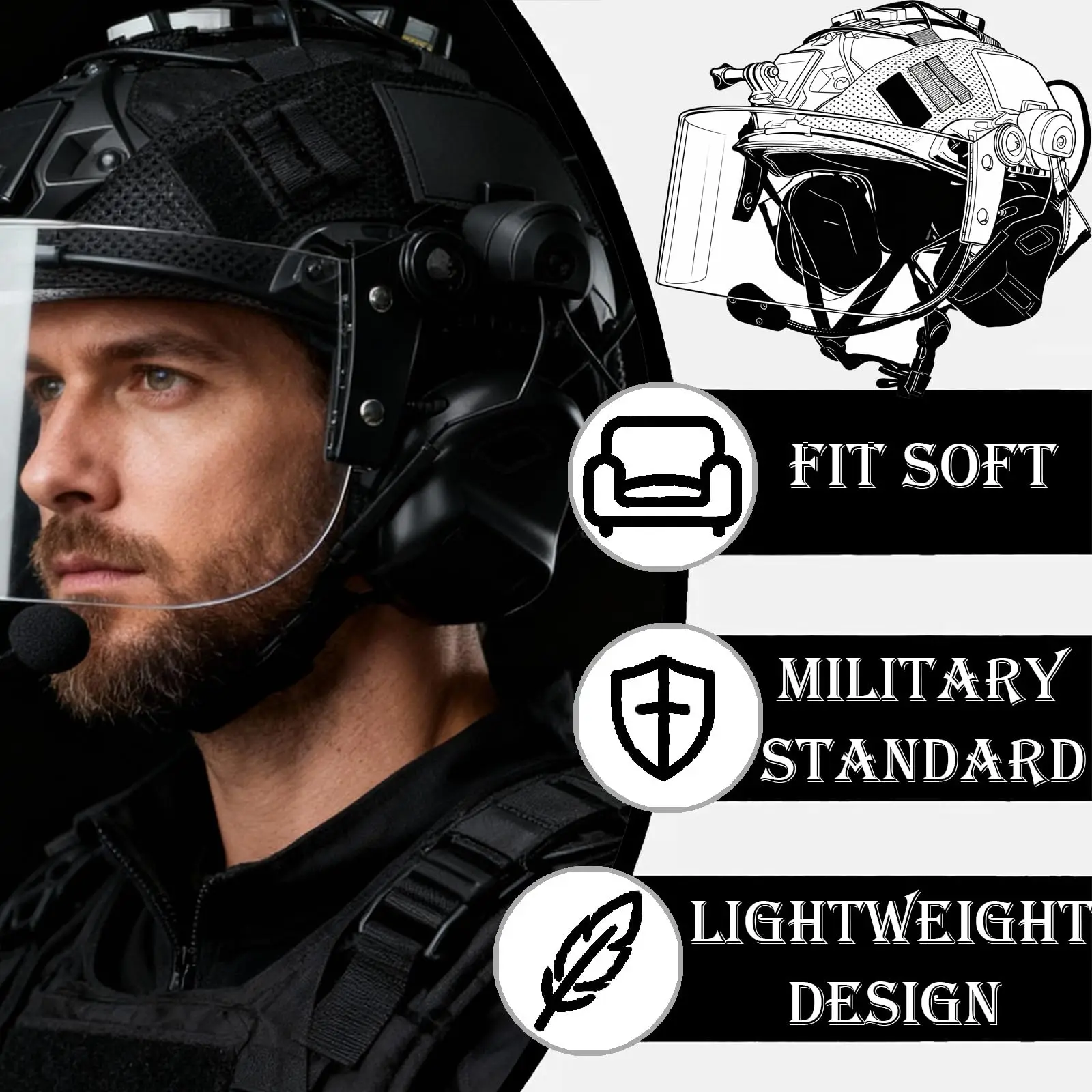 Tactical 6-in-1 Airsoft Fast Helmet Set with Headset Signal Light Face Shield Visor Outdoor Hunting Paintball Bump Helmet Kit