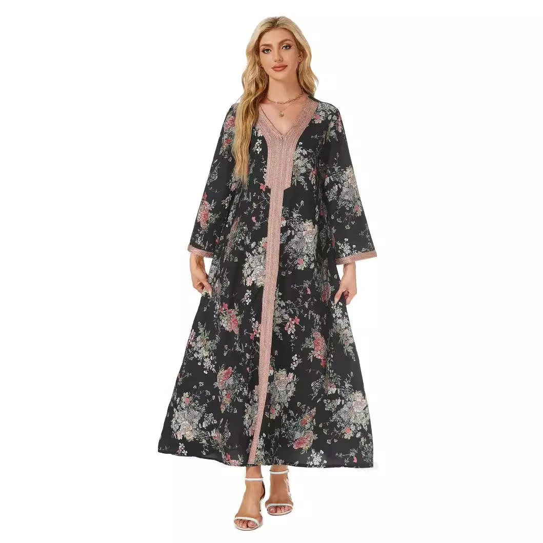 Abaya Ramadan Muslim Women Dresses Flower Print Arab Long Robe Jalabiya Eid Morocco Dubai Abayas Kaftan Islam Party Vestidos