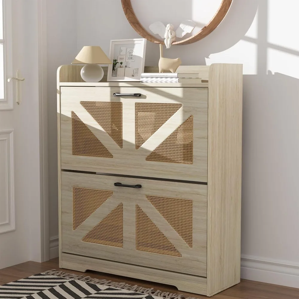 

Shoe Storage Cabinet with 2 Flip Drawers, Freestanding Open Organizer with Metal Handle, Flip Down Hidden with Wooden Fee