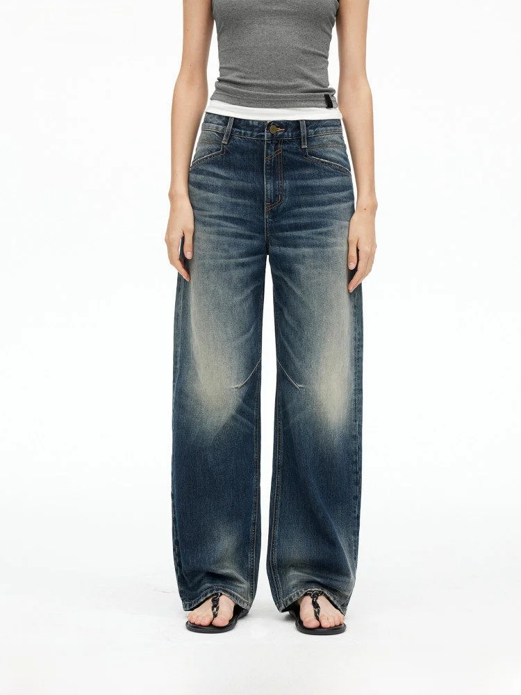 

AFTADAWN05A Low Waist Cotton Denim Jeans Washed out Vintage Straight Leg Trousers Loose Fit Casual Deep Blue Knife Pants