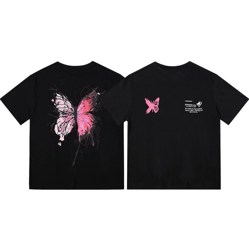 New Korean-style Butterfly Print Graffiti Blue Short-sleeved T-shirt for Women in Summer Unisexual Multi-color Pure Cotton
