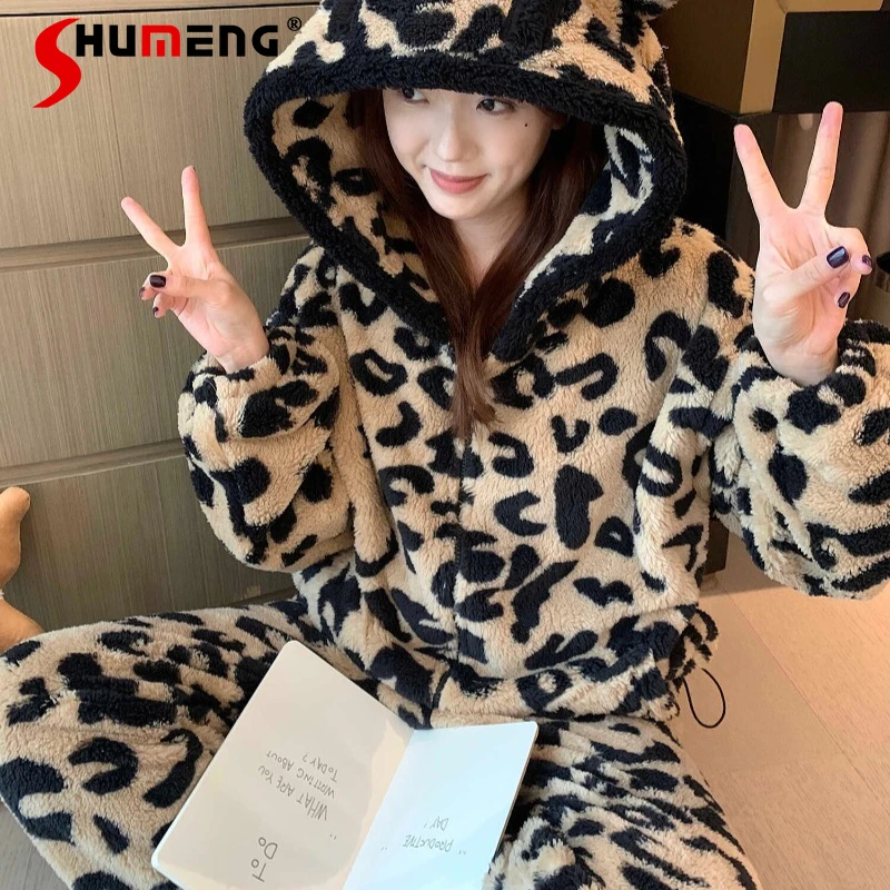 

Cute Hooded Leopard Print Pajamas for Women Fleece Thickened Loungewear Set Female New Autumn Winter Homewear Suits