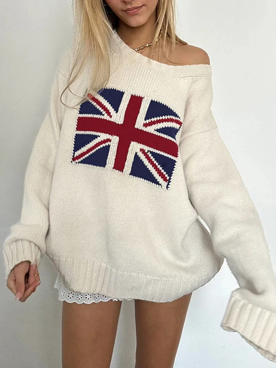 Women's British Flag Print Sweaters Long Sleeve Round Neck Loose Pullover Fall Winter Tops