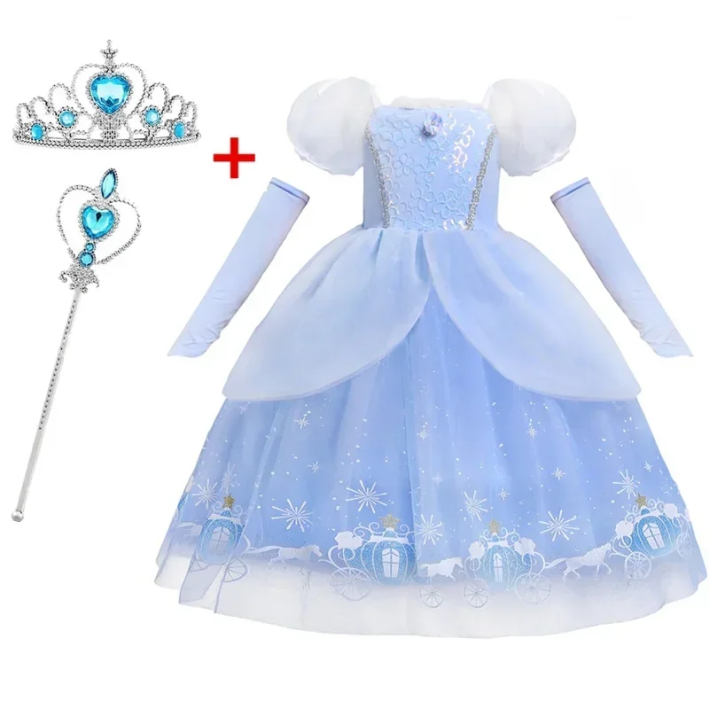 Cinderella Princess Cosplay Dress for Girl Kids Ball Gown Sequin Carnival Puff Sleeve Mesh Clothing for Birthday Party Vestidos