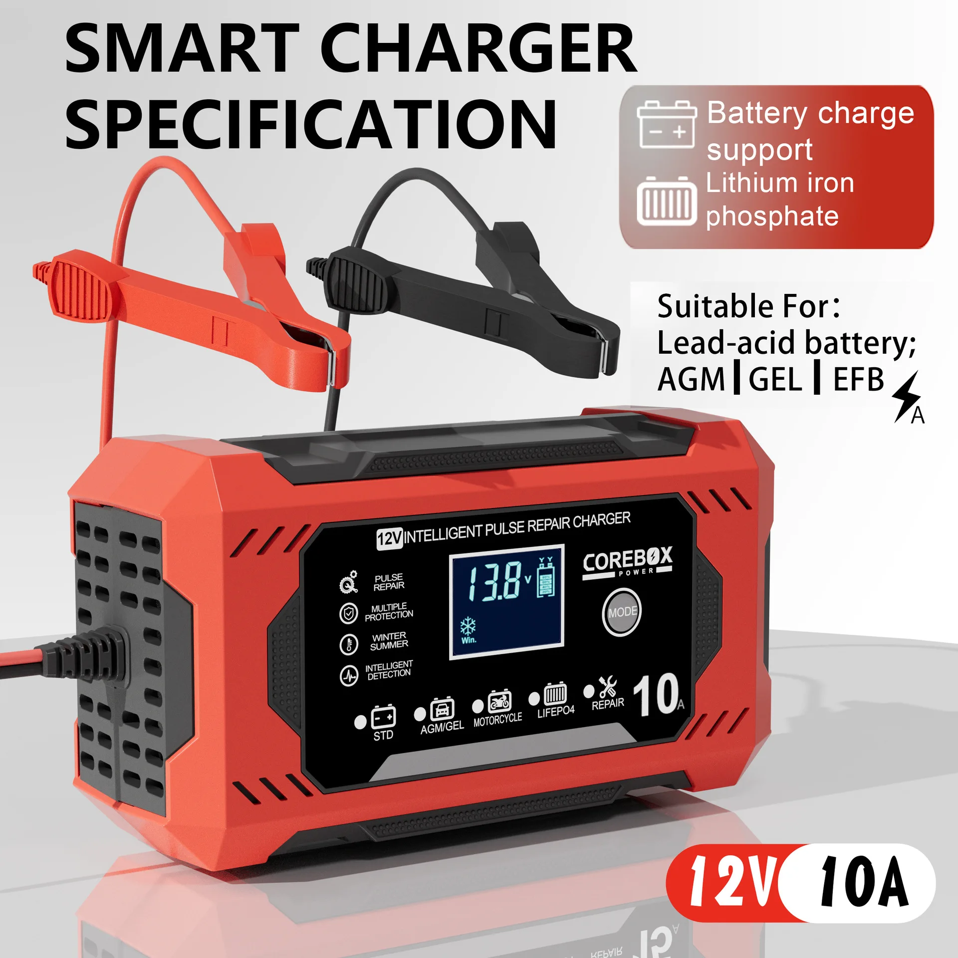 12V 10A Smart Battery Charger Portable Charging for Car Motorcycle Lead Acid AGM GEL LiFePo4 Batteries LCD Display Pulse Repair