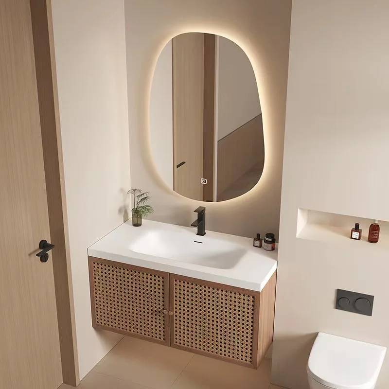 Japanese style Quiet Wind Keli Nai Integrated Basin Vine Weaving Bathroom Cabinet Combination Ceramic Integrated Wash Sink and R