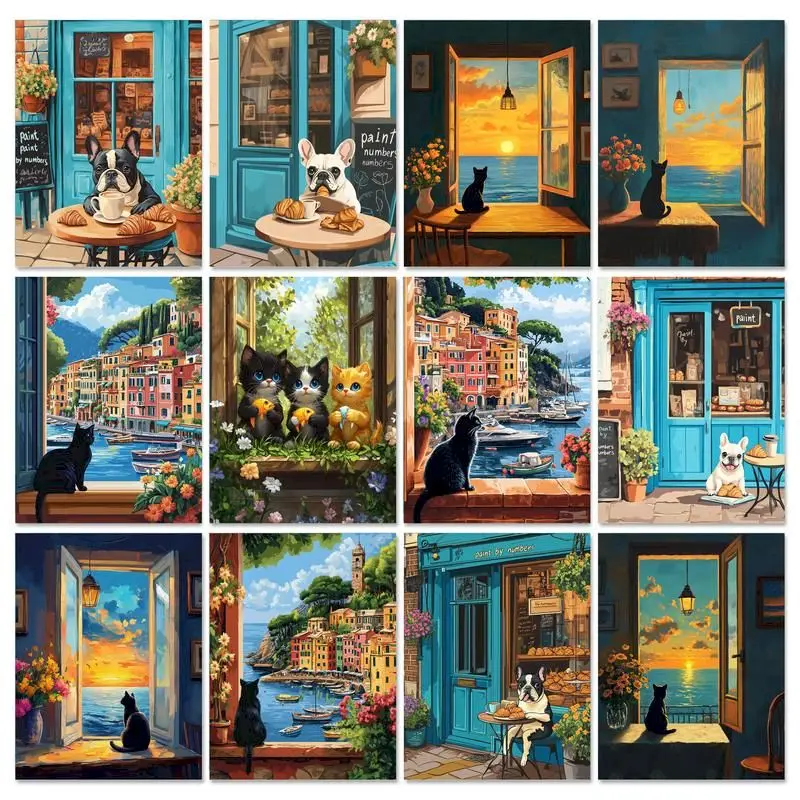 

CHENISTORY DIY Painting By Number Black Cat on Window Drawing On Canvas Hand Painted Picture By Numbers Home Decoration