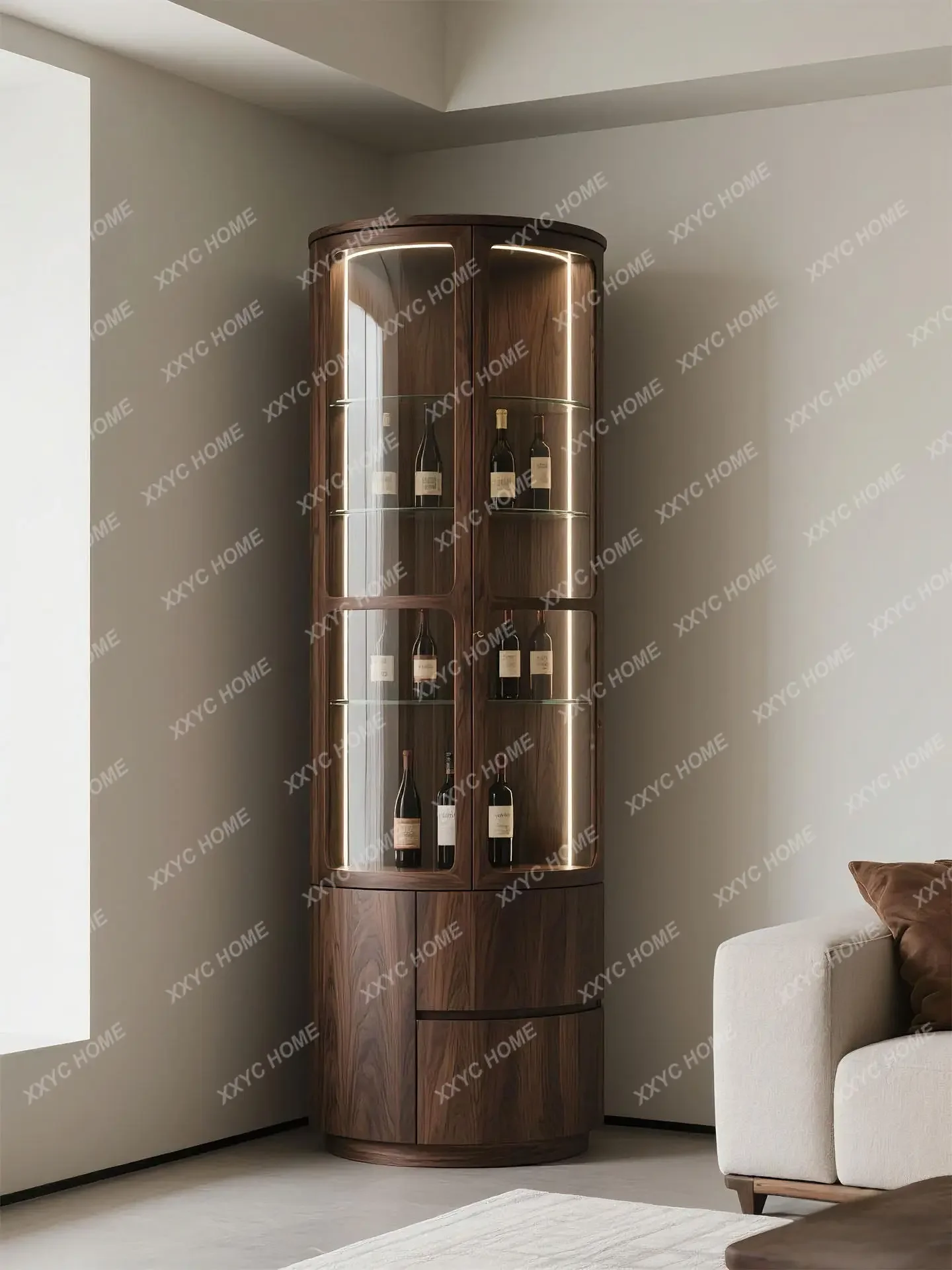 

Glass wine cabinet minimalist solid wood circular display cabinet living room creative storage cabinet