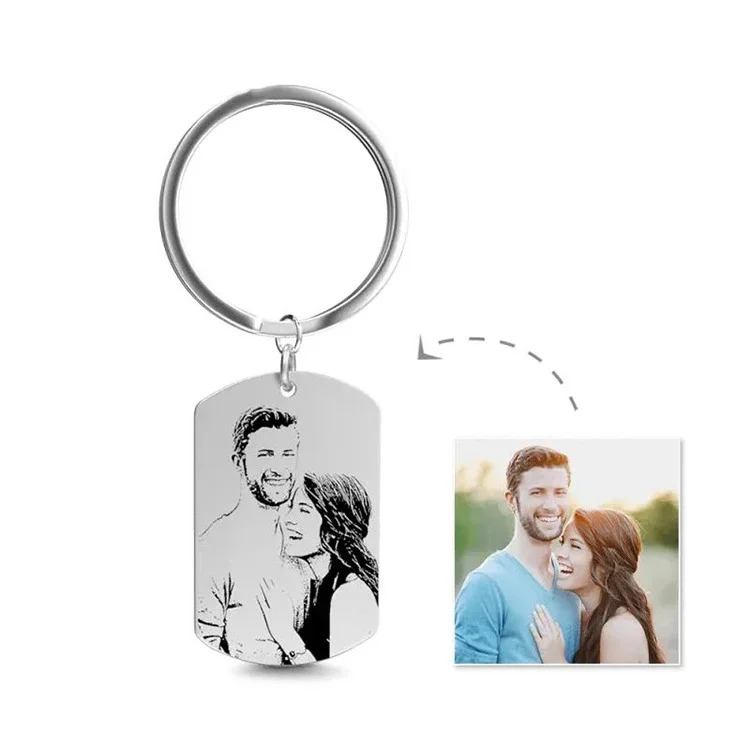 جديد محفورة بالليزر صور Keyrings الفولاذ المقاوم للصدأ مخصص اسم تاريخ الصورة سيارة Keychians للنساء الرجال زوجين حلقة رئيسية هدية