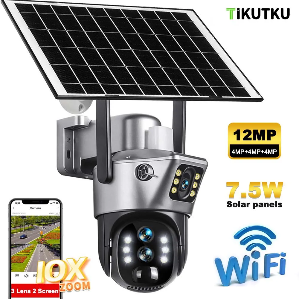 

WIFI Solar Camera 6K 12MP 10X Zoom Three Lens Outdoor Wireless Security Battery IP Cam Auto Tracking CCTV Video Surveillance