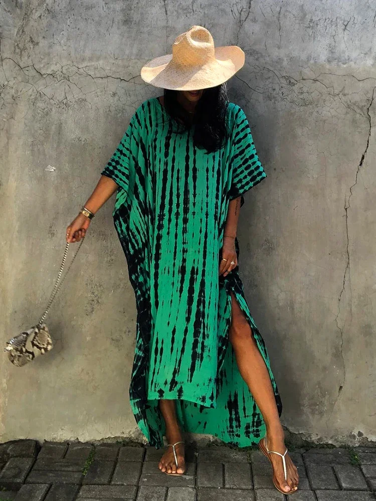 Halo tingimento vintage praia vestido longo feminino com decote em v oversize robe lado split solto kaftan férias boho maxi vestidos
