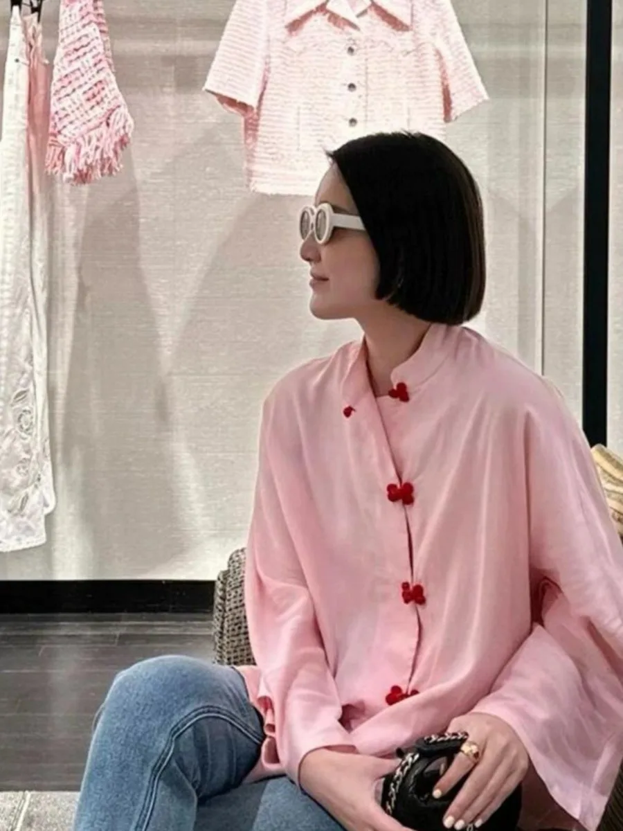 الوردي الكتان irt Mei Ding Sle زر حتى عارضة تنفس طويلة Sve المرأة فضفاضة تناسب irt عطلة ارتداء الذقن التقليدية...