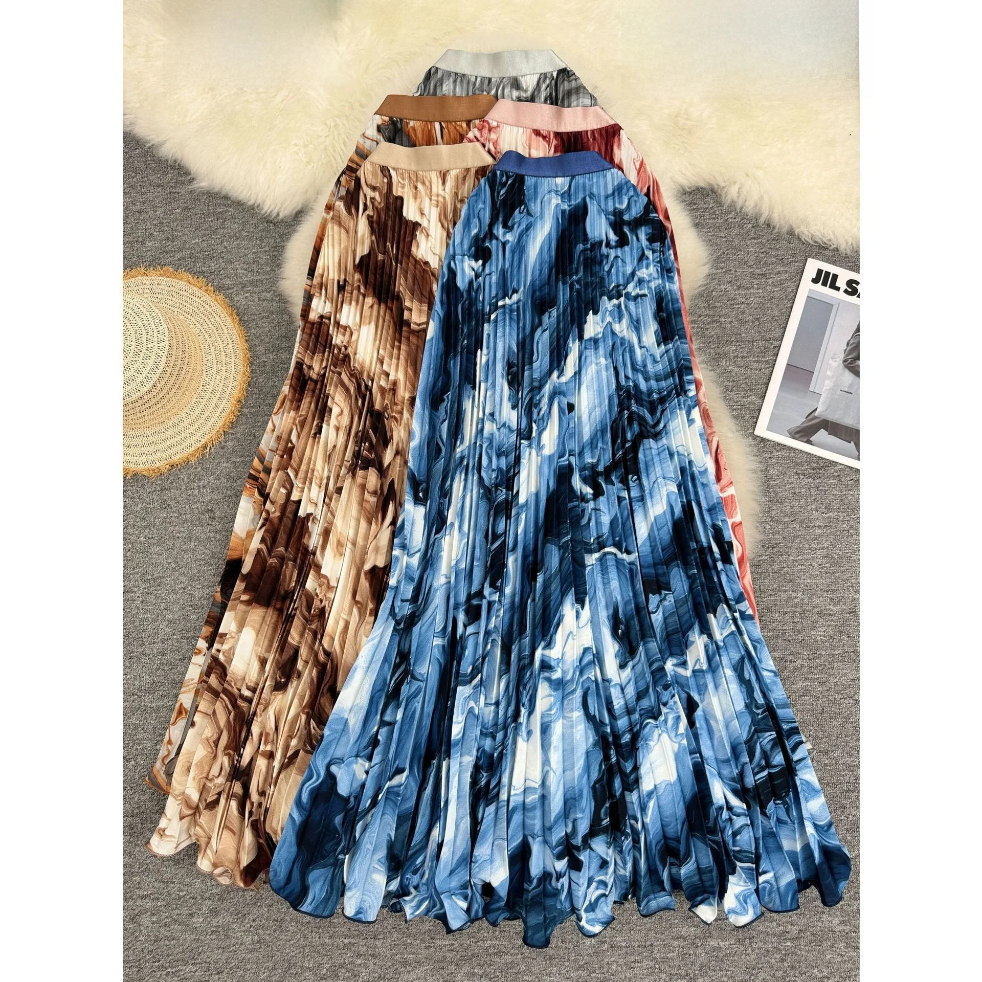 

Юбка миди А-силуэта с высокой талией, женская, плиссированная, с дизайном «облачная волна», универсальная, для повседневной носки, стройнящая, из полиэстера, в художественном стиле