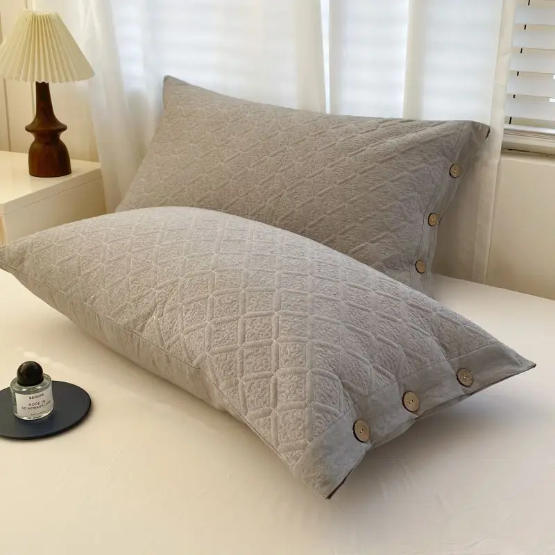 2Pcs Light Gray Quilted Pillowcases Soft Cotton Linen Blend Button Closure Geometric Embossed Pillow Covers For Bedroom Bed Home