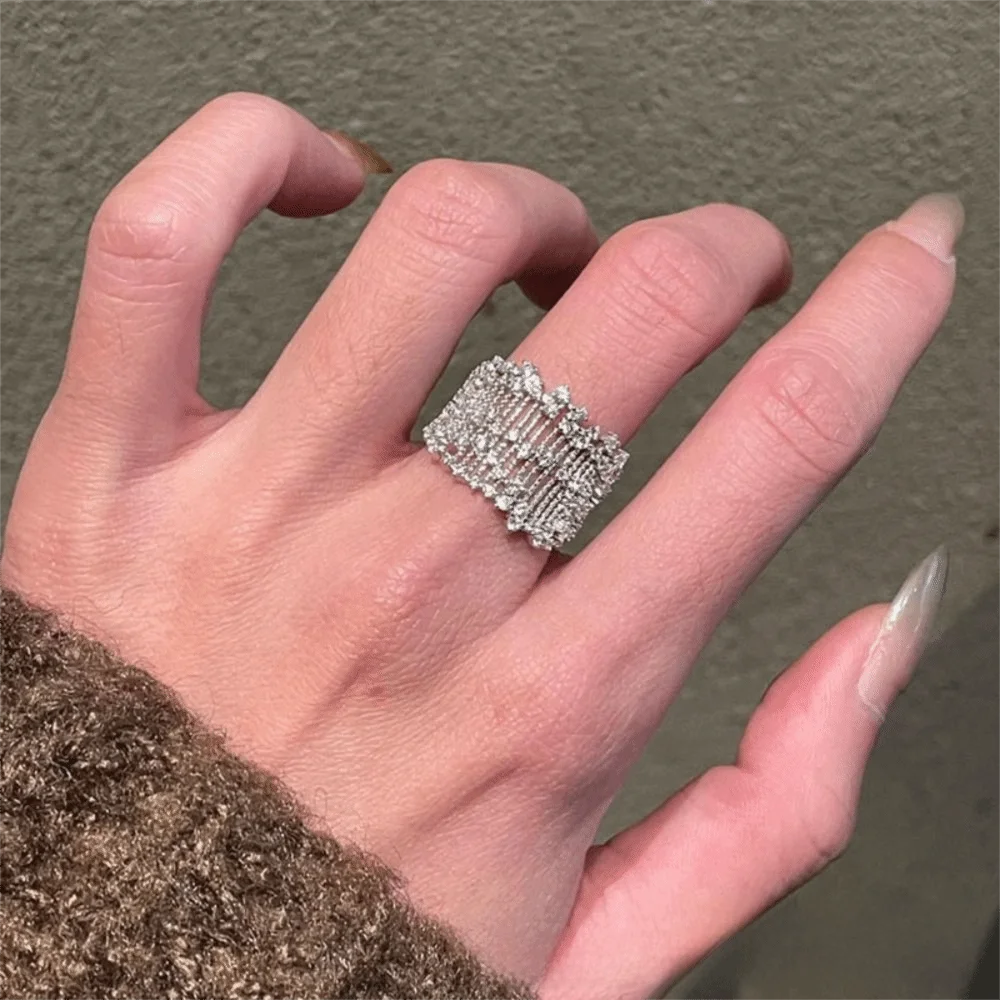 Adjustable Openwork Rhinestone Ring Openwork Setting Rhinestone Stacking Fashion Ring Silver Tone Palace Style Index Finger Ring