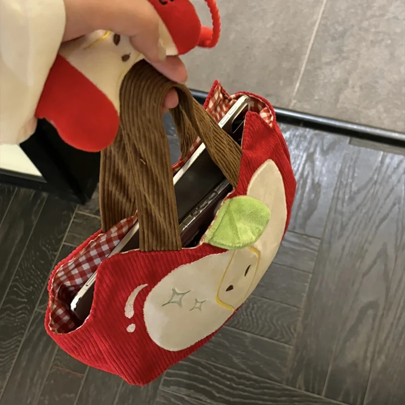Red Apple Handbag Creative Cute Corduroy Shoulder Bag Stylish Outing Canvas Bag With Apple Pendant Casual Versatile Shoulder Bag